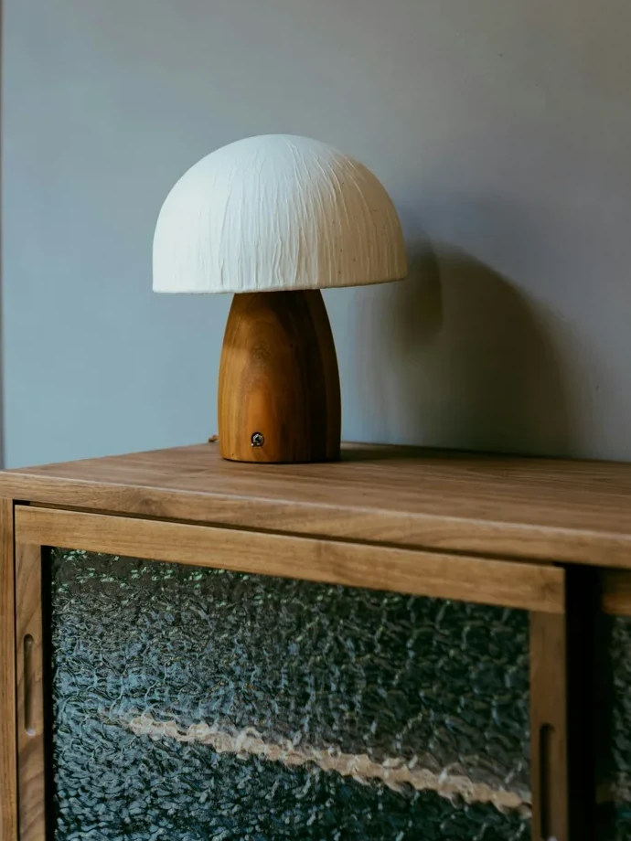 Sculptural lamp with a cream shade and timber base