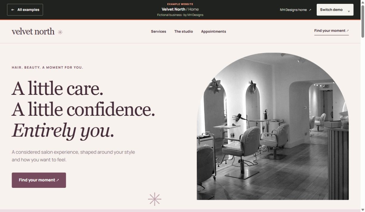 Preview of the Velvet North hair & beauty website — open to explore the working demo
