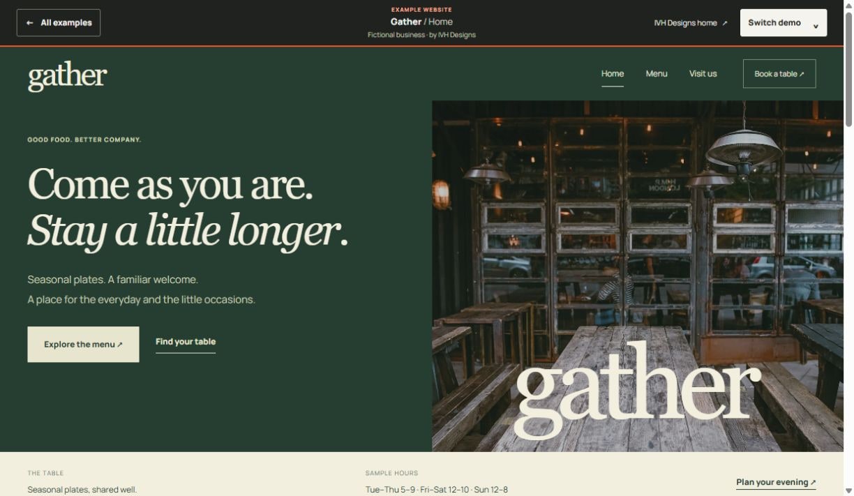 Preview of the Gather restaurant website — open to explore the working demo